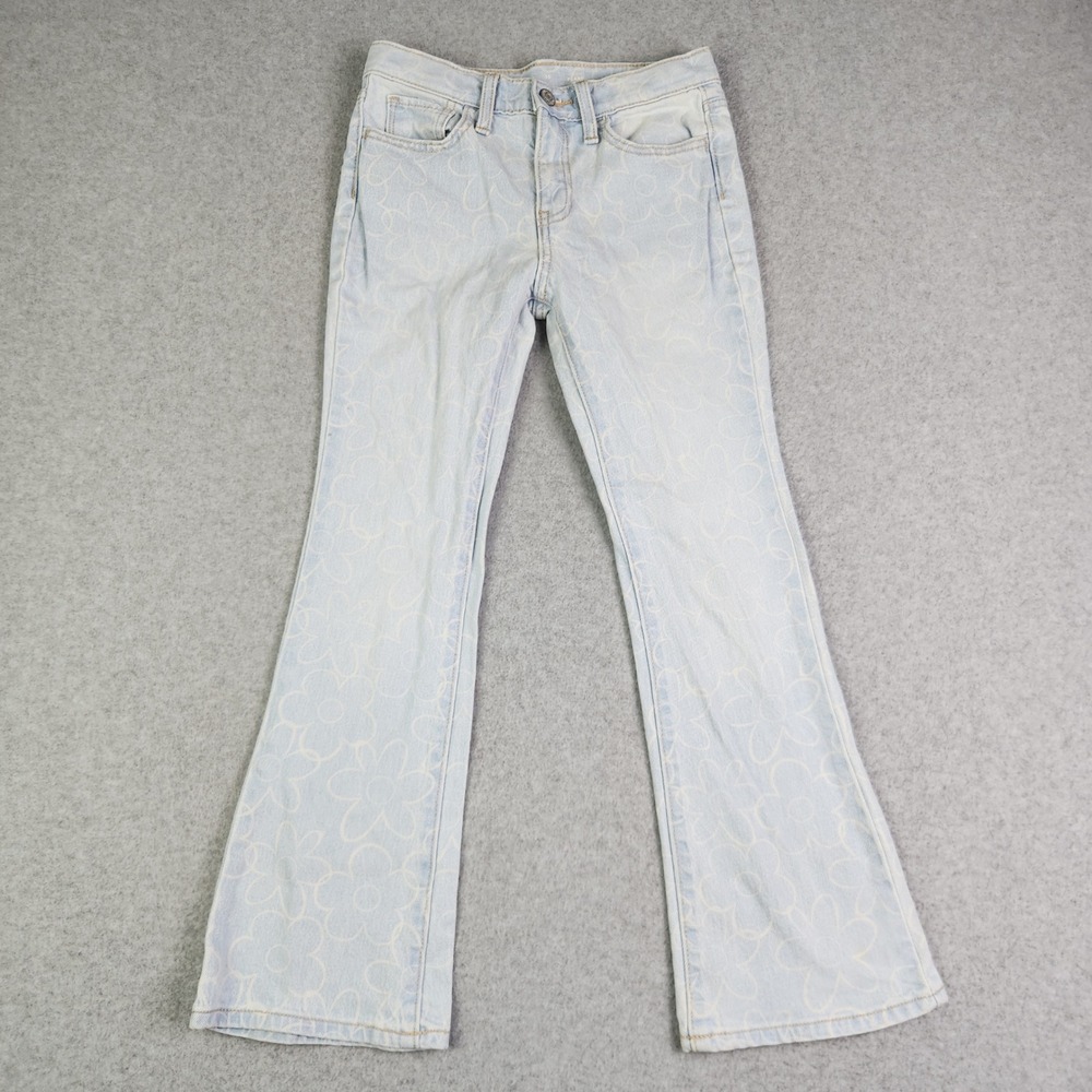 Old Navy Flare Jeans Girls Size 10 Blue Denim Floral High Rise Adjustable Waist